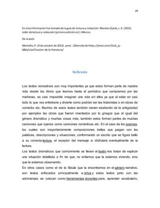 29
En estainformaciónfue tomadode laguía de lecturay redacción: MoralesOjeda,L.d. (2015).
taller delectura y redacción (primeraedicióned.).México.
De laweb:
Montaño,P. (9 de octubre de 2013). prezi . Obtenidode https://prezi.com/31vd_aj-
68da/clasificacion-de-la-literatura/
Reflexión
Los textos recreativos son muy importantes ya que estos forman parte de nuestra
vida desde los libros que leemos hasta el periódico que compramos por las
mañanas, es casi imposible imaginar una vida sin ellos ya que al estar en casi
todo lo que nos entretiene y divierte como podrían ser las historietas o en obras de
comedia etc. Muchos de estos textos también vienen existiendo de la antigüedad
por ejemplos las obras que fueron inventados por lo griegos que al igual del
género dramático y muchas cosas más, también estos forman partes de muchas
canciones que óyenos como canciones románticas etc. En el caso de los poemas,
los cuales son mayoritariamente composiciones bellas que juegan con las
palabras, descripciones y situaciones, conformando un escrito que se figura bello
a su correcta lectura, el receptor del mensaje si disfrutará eventualmente de la
lectura.
Los textos dramáticos que comúnmente se llevan al teatro nos tratan de explicar
una situación detallada a fin de que, no sintamos que la estamos viviendo, sino
que la estamos observando.
En otros casos como el de la fábula que la encontramos en el género narrativo,
son textos enfocados principalmente a niños y estos textos junto con las
adivinanzas se colocan como herramientas docentes para, aprender vocabulario,
 