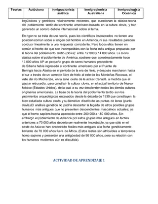 41
lingüísticos y genéticos relativamente recientes, que cuestionan la clásica teoría
del poblamiento tardío del continente americano basada en la cultura clovis, y han
generado un sonoro debate internacional sobre el tema.
En rigor no se trata de una teoría, pues los científicos involucrados no tienen una
posición común sobre el origen del hombre en América, ni sus resultados parecen
conducir linealmente a una respuesta coincidente. Pero todos ellos tienen en
común el hecho de que son incompatibles con la fecha más antigua propuesta por
la teoría del poblamiento tardío (clovis): entre 12 000 y 14 000 años. La teoría
clásica sobre el poblamiento de América, sostiene que aproximadamente hace
13 000 años AP un pequeño grupo de seres humanos procedente
de Siberia había ingresado al continente americano por el Puente de
Beringia hacia Alaska en el período de la era de hielo, y después marcharon hacia
el sur a través de un corredor libre de hielo al este de las Montañas Rocosas, el
valle del río Mackenzie, en la zona oeste de la actual Canadá, a medida que el
glaciar retrocedía, para constituir la cultura clovis, en el actual territorio de Nuevo
México (Estados Unidos), de la cual a su vez descienden todas las demás culturas
originarias americanas. La base de la teoría del poblamiento tardío son los
yacimientos arqueológicos excavados desde la década de 1930 que constituyen la
bien estudiada cultura clovis y su llamativo diseño de las puntas de lanza (punta
clovis).El análisis genético no podría descartar la llegada de otros posibles grupos
humanos más antiguos que no presenten descendientes masculinos actuales; ya
que el homo sapiens habría aparecido entre 200 000 a 150 000 años. Sin
embargo el poblamiento de América por estos grupos más antiguos en fechas
anteriores a 70 000 años debería ser realmente improbable; ya que sólo en el
oeste de Asia se han encontrado fósiles más antiguos a la fecha genéticamente
limitante de 70 000 años fuera de África. (Estos restos son atribuibles a tempranos
homo sapiens y presentan una antigüedad de 90 000 años, pero su relación con
los humanos modernos aún es discutida).
ACTIVIDAD DE APRENDIZAJE 1
Teorías Autóctona inmigracionista
asiática
Inmigracionista
Australiana
Inmigracionista
Oceánica
 