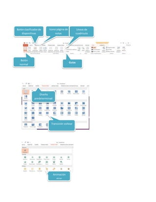 Botón
normal
Botónclasificadorde
diapositivas
Icono página de
notas
Líneas de
cuadricula
Guías
Transición voltear
Diseño
predeterminad
o
Animación
girar
 