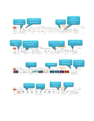 Organizar
Estilos
rápidos de
forma
Diseño de la
diapositiva
Nueva
diapositiva
Agregar una
tabla
Nuevo álbum de
fotografías
Dibujar un cuadro
de texto
Insertar audio
Temas Variantes
Tamaño de
diapositiva
Formatode
fondo
Desvanecer Dividir
Opción de
efectos
Duración
 