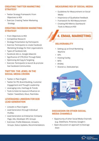 4. EMAIL MARKETING
• From Objectives to ROI
• Competitive Research
• Strategy Presentation by Participants
• Exercise: Participants to create Facebook
Marketing Strategy for their organizations
• Types of Facebook Ads
• Facebook Ads vs. Google Adwords
• Signiﬁcance of CTR (Click Through Rate)
• Optimizing Ad Copy & Targeting
• Exercise: Participants to launch & promote
live Facebook Communities
CREATING FACEBOOK MARKETING
STRATEGY
• Twitter in Plain English
• Twitter for PR, Brand Building, Customer
Engagement and Thought Leadership
• Leveraging Lists, Hashtags & Trends
• Tools to listen & measure Inﬂuence on
Twitter: TweetDeck, Klout, PeerIndex
TWITTER: THE JEWEL IN THE
SOCIAL MEDIA CROWN
• Opportunity of other Social Media Channels
(e.g. SlideShare, Pinterest, Google+)
• Open discussion on approach to leverage
them
DISCUSSION ON OTHER SOCIAL
MEDIA CHANNELS
• LinkedIn in Plain English
• Lead Generation through Individual
Proﬁles
• Lead Generation as Enterprise: Company
Page, Ads, Developer API, Groups
• Exercises: Proﬁle Makeover, Answers,
Groups, Status Updates, Recommendations
LEVERAGING LINKEDIN FOR B2B
LEAD GENERATION
• Twitter Strategy Framework: From
Objectives to ROI
• Exercise: Creating Twitter Marketing
Strategy
CREATING TWITTER MARKETING
STRATEGY
• Guidelines for Measurement on Social
Media
• Importance of Qualitative Feedback
• Framework for ROI Measurement
• Creating ROI Metrics Dashboard
Tools to Measure ROI
MEASURING ROI OF SOCIAL MEDIA
DELIVERABILITY
• Setting-up an Email Marketing
Machine
• ISPs
• Hosting Facility
• MTA
• IP/DNS
• Shared vs. Dedicated Ips
 