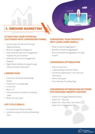 5. INBOUND MARKETING
• Various ways to build reach through
Digital Marketing
• What are Engagement Magnets?
• How to identify right set of engagement
magnets for your business?
• Eﬀectiveness of various Engagement
Magnets
• Digital Reach Building Strategy through
Inbound Interest Generation
• What is Audience aggregation?
• Beneﬁts of Audience aggregation
• How to do Audience aggregation through
Emails?
ATTRACTING YOUR POTENTIAL
CUSTOMERS INTO CONVERSION FUNNEL CONVERTING YOUR PROSPECTS
INTO LEADS USING EMAILS
• Conversion Oriented Landing Page
Design
• Investment in Landing Page
• Is it for me?
• What is it?
• Critical concerns to address on landing
page
• What's the next step?
• Role of Conversion
• Understanding Customer Psyche
• Conversion Optimization User Flow and
Persuasion
• Online Persuasion
• True meaning of Landing Page
LANDING PAGE
• Life Cycle Emails: What and Why?
• Lead Nurturing with Drip Email Marketing:
How?
LIFE CYCLE EMAILS
CONVERSION OPTIMIZATION
• Patterns for Engaging Website Visitors
• Pattern #1 - Pop-Ups
• Pattern #2 - Pop Under Call to Action
• Pattern #3 - Inside Article CTA
CONVERSION OPTIMIZATION PATTERNS
FOR ENGAGING WEBSITE VISITORS
 
