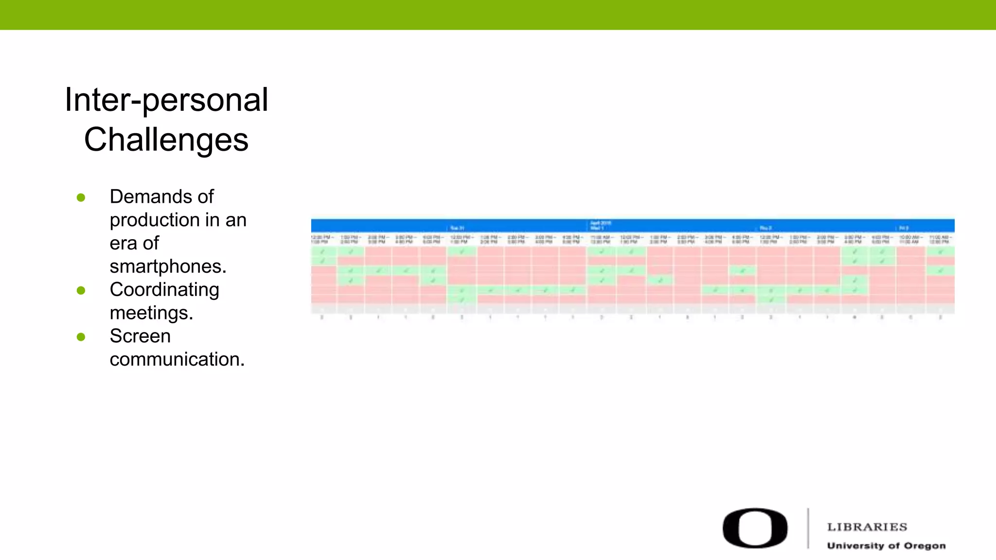 Inter-personal
Challenges
● Demands of
production in an
era of
smartphones.
● Coordinating
meetings.
● Screen
communication.
 