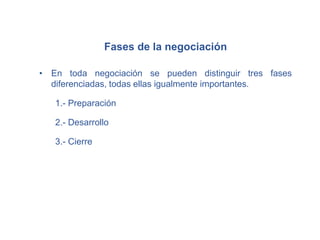 Fases de la negociación
• En toda negociación se pueden distinguir tres fases
diferenciadas, todas ellas igualmente importantes.
1.- Preparación
2.- Desarrollo
3.- Cierre
 
