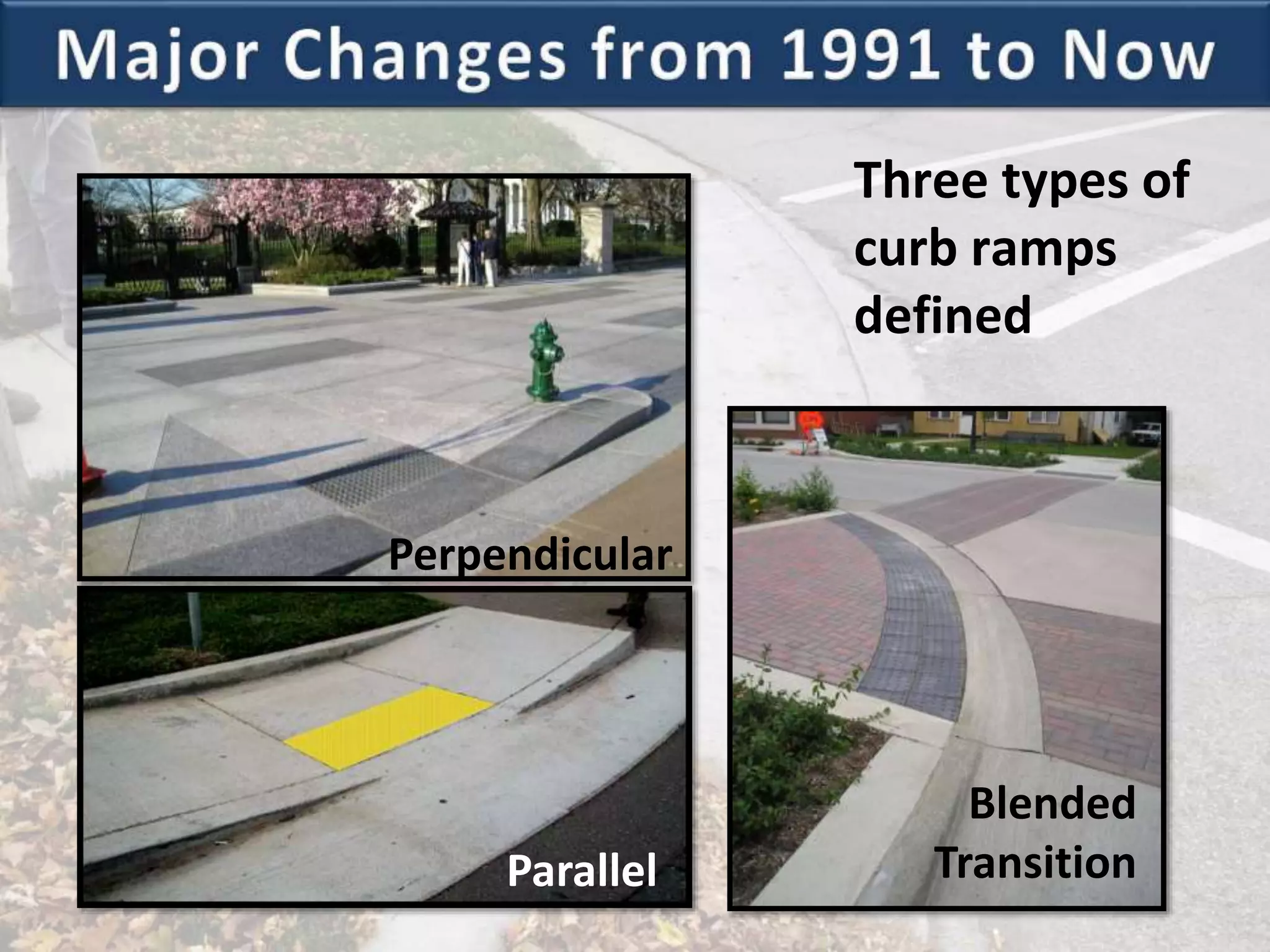 Three types of
curb ramps
defined
Blended
Transition
Perpendicular
Parallel
 