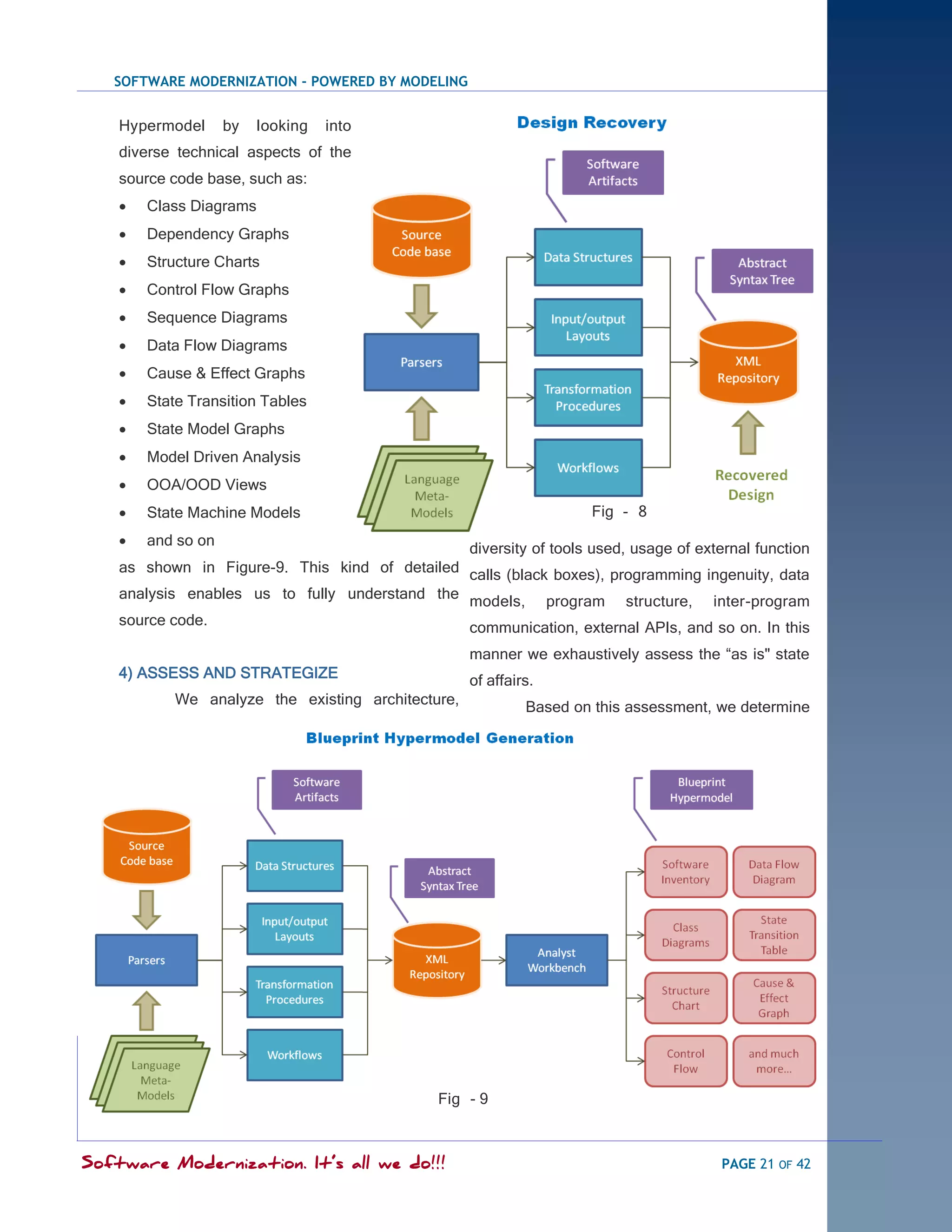 SOFTWARE MODERNIZATION - POWERED BY MODELING


    Hypermodel      by   looking   into
    diverse technical aspects of the
    source code base, such as:
       Class Diagrams
       Dependency Graphs
       Structure Charts
       Control Flow Graphs
       Sequence Diagrams
       Data Flow Diagrams
       Cause & Effect Graphs
       State Transition Tables
       State Model Graphs
       Model Driven Analysis
       OOA/OOD Views
       State Machine Models                                         Fig - 8
       and so on
                                                diversity of tools used, usage of external function
    as shown in Figure-9. This kind of detailed calls (black boxes), programming ingenuity, data
    analysis enables us to fully understand the models, program structure, inter-program
    source code.                                    communication, external APIs, and so on. In this
                                                    manner we exhaustively assess the ―as is" state
    4) ASSESS AND STRATEGIZE                        of affairs.
            We analyze the existing architecture,            Based on this assessment, we determine




                                               Fig - 9



Software Modernization. It’s all we do!!!                                              PAGE 21 OF 42
 