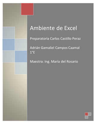 Ambiente de Excel
Preparatoria Carlos Castillo Peraz
Adrián Gamaliel Campos Caamal
1°E
Maestra: Ing. María del Rosario
 
