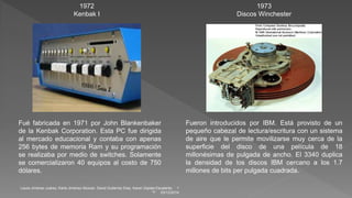 1972 
Kenbak I 
Fué fabricada en 1971 por John Blankenbaker 
de la Kenbak Corporation. Esta PC fue dirigida 
al mercado educacional y contaba con apenas 
256 bytes de memoria Ram y su programación 
se realizaba por medio de switches. Solamente 
se comercializaron 40 equipos al costo de 750 
dólares. 
1973 
Discos Winchester 
Fueron introducidos por IBM. Está provisto de un 
pequeño cabezal de lectura/escritura con un sistema 
de aire que le permite movilizarse muy cerca de la 
superficie del disco de una película de 18 
millonésimas de pulgada de ancho. El 3340 duplica 
la densidad de los discos IBM cercano a los 1.7 
millones de bits per pulgada cuadrada. 
Laura Jiménez Juárez, Karla Jiménez Alcocer, David Gutierrez Díaz, Karen Zapata Escalante. 1 
"I" 03/12/2014 
 