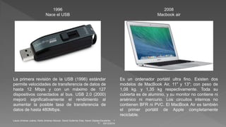 1996 
Nace el USB 
La primera revisión de la USB (1996) estándar 
permite velocidades de transferencia de datos de 
hasta 12 Mbps y con un máximo de 127 
dispositivos conectados al bus. USB 2.0 (2000) 
mejoró significativamente el rendimiento al 
aumentar la posible tasa de transferencia de 
datos de hasta 480Mbps. 
2008 
Macbook air 
Es un ordenador portátil ultra fino. Existen dos 
modelos de MacBook Air, 11" y 13"; con peso de 
1,08 kg. y 1,35 kg respectivamente. Toda su 
cubierta es de aluminio, y su monitor no contiene ni 
arsénico ni mercurio. Los circuitos internos no 
contienen BFR ni PVC. El MacBook Air es también 
el primer portátil de Apple completamente 
reciclable. 
Laura Jiménez Juárez, Karla Jiménez Alcocer, David Gutierrez Díaz, Karen Zapata Escalante. 1 
"I" 03/12/2014 
