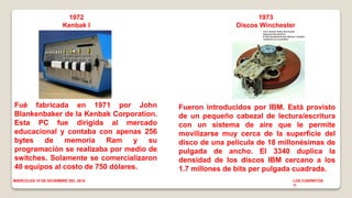 1972 
Kenbak I 
Fué fabricada en 1971 por John 
Blankenbaker de la Kenbak Corporation. 
Esta PC fue dirigida al mercado 
educacional y contaba con apenas 256 
bytes de memoria Ram y su 
programación se realizaba por medio de 
switches. Solamente se comercializaron 
40 equipos al costo de 750 dólares. 
1973 
Discos Winchester 
Fueron introducidos por IBM. Está provisto 
de un pequeño cabezal de lectura/escritura 
con un sistema de aire que le permite 
movilizarse muy cerca de la superficie del 
disco de una película de 18 millonésimas de 
pulgada de ancho. El 3340 duplica la 
densidad de los discos IBM cercano a los 
1.7 millones de bits per pulgada cuadrada. 
MIERCOLES 10 DE DICIEMBRE DEL 2014 LOS CUERNITOS 
1I 
 