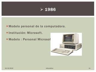  Modelo personal de la computadora.
 Institución: Microsoft.
 Modelo : Personal Microsoft.
12/12/2015 Informática 11
 1986
 