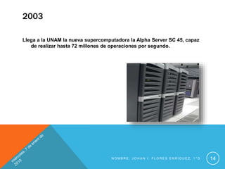 2003
Llega a la UNAM la nueva supercomputadora la Alpha Server SC 45, capaz
de realizar hasta 72 millones de operaciones por segundo.
N O M B R E : J O H A N I . F L O R E S E N R Í Q U E Z , 1 ° D 14
 