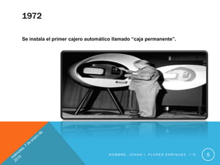 1972
Se instala el primer cajero automático llamado “caja permanente”.
N O M B R E : J O H A N I . F L O R E S E N R Í Q U E Z , 1 ° D 5
 