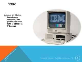 1982
Aparece en México
las primeras
computadoras
personales de la
IBM: la 53100 y la
PC Junior.
N O M B R E : J O H A N I . F L O R E S E N R Í Q U E Z , 1 ° D 7
 