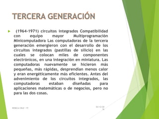  (1964-1971) circuitos integrados Compatibilidad
con equipo mayor Multiprogramación
Minicomputadora Las computadoras de la tercera
generación emergieron con el desarrollo de los
circuitos integrados (pastillas de silicio) en las
cuales se colocan miles de componentes
electrónicos, en una integración en miniatura. Las
computadoras nuevamente se hicieron más
pequeñas, más rápidas, desprendían menos calor
y eran energéticamente más eficientes. Antes del
advenimiento de los circuitos integrados, las
computadoras estaban diseñadas para
aplicaciones matemáticas o de negocios, pero no
para las dos cosas.
03/12/20
16
REBECA CRUZ 1ºE
 