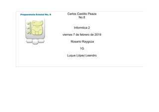 Carlos Castillo Peaza
No.8
Informtica 2
viernes 7 de febrero de 2019
Rosario Raygoza
1G
Luque López Leandro
 