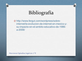 Bibliografía
O http://www.fergut.com/wordpress/sobre-
internet/la-evolucion-de-internet-en-mexico-y-
su-impacto-en-el-ambito-educativo-de-1986-
a-2006/
Mariana Espadas Segovia 1ºE
 
