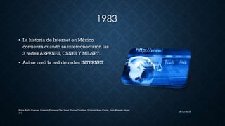 1983
• La historia de Internet en México
comienza cuando se interconectaron las
3 redes ARPANET, CSNETY MILNET.
• Así se creó la red de redes INTERNET
16/12/2015
Nidia Ávila Cuevas, Daniela Pacheco Chi, Isaac Torres Casillas, Orlando Sosa Canto, Julio Rosado Perez
1° I
 