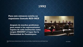 1992
Para este entonces existía un
organismo llamado RED-MEX
después de muchos problemas
para reunir a los representantes
legales de cada institución como
surgen MEXNET el lugar fue la
Universidad de Guadalajara.
16/12/2015
Nidia Ávila Cuevas, Daniela Pacheco Chi, Isaac Torres Casillas, Orlando Sosa Canto, Julio Rosado Perez
1° I
 