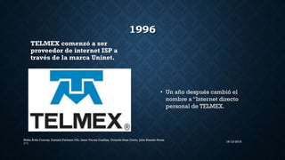 1996
TELMEX comenzó a ser
proveedor de internet ISP a
través de la marca Uninet.
• Un año después cambió el
nombre a “Internet directo
personal de TELMEX.
16/12/2015
Nidia Ávila Cuevas, Daniela Pacheco Chi, Isaac Torres Casillas, Orlando Sosa Canto, Julio Rosado Perez
1° I
 