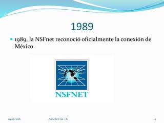 1989
 1989, la NSFnet reconoció oficialmente la conexión de
México
04/12/2016 , Sánchez Lía 1.G 4
 