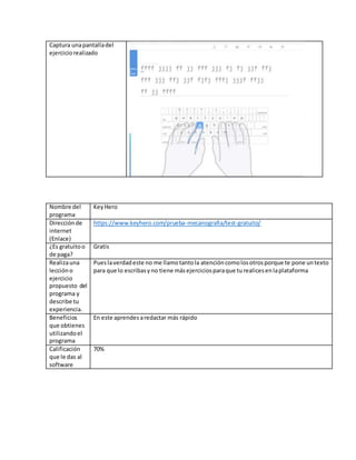Captura unapantalladel
ejerciciorealizado
Nombre del
programa
KeyHero
Direcciónde
internet
(Enlace)
https://www.keyhero.com/prueba-mecanografia/test-gratuito/
¿Es gratuitoo
de paga?
Gratis
Realizauna
lección o
ejercicio
propuesto del
programa y
describe tu
experiencia.
Pueslaverdadeste no me llamotantola atencióncomolosotrosporque te pone untexto
para que lo escribasyno tiene másejerciciosparaque turealicesenlaplataforma
Beneficios
que obtienes
utilizandoel
programa
En este aprendesaredactar más rápido
Calificación
que le das al
software
70%
 
