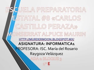 ASIGNATURA: INFORMATICA1
PROFESORA: ISC. María del Rosario
RaygozaVelázquez
 