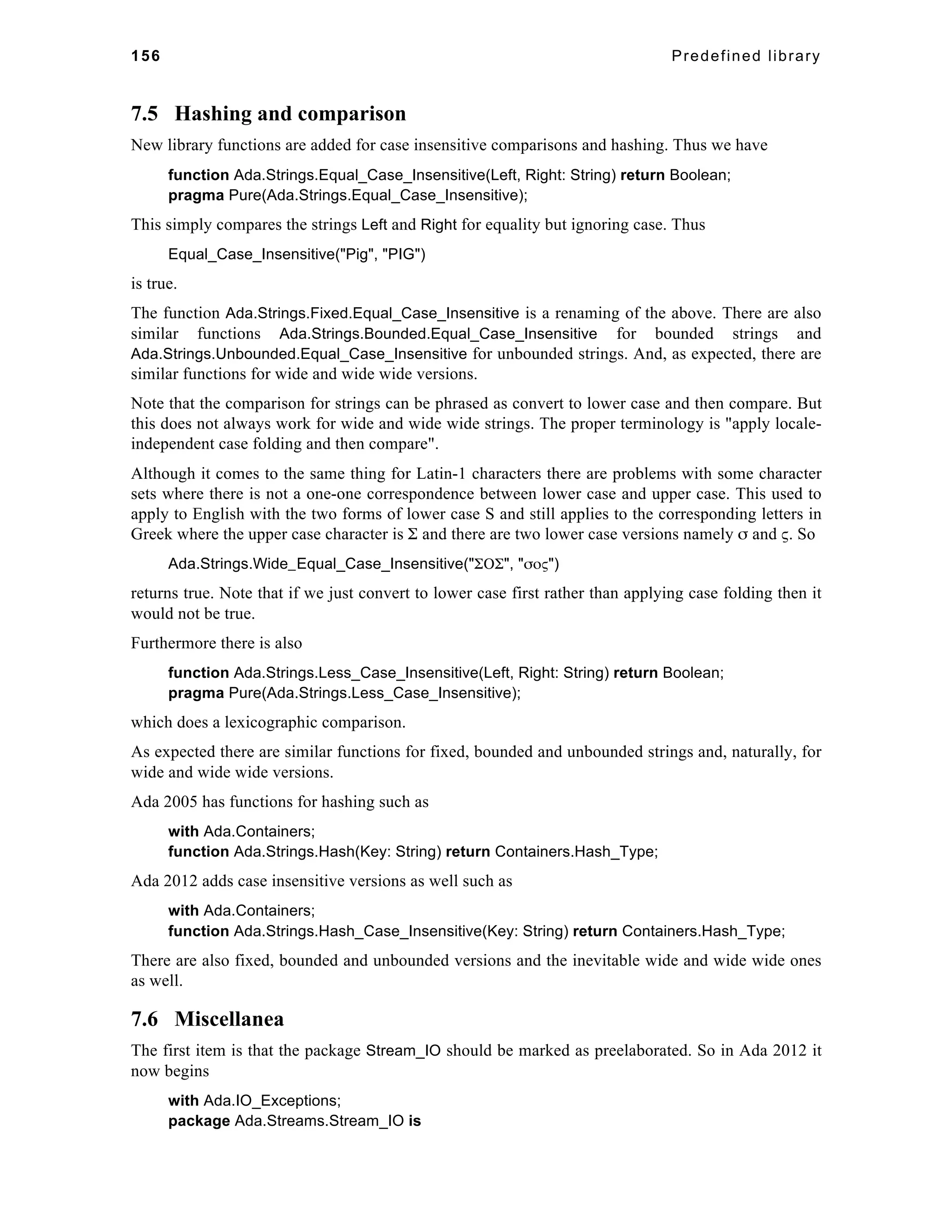 156 Predefined library 
7.5 Hashing and comparison 
New library functions are added for case insensitive comparisons and hashing. Thus we have 
function Ada.Strings.Equal_Case_Insensitive(Left, Right: String) return Boolean; 
pragma Pure(Ada.Strings.Equal_Case_Insensitive); 
This simply compares the strings Left and Right for equality but ignoring case. Thus 
Equal_Case_Insensitive("Pig", "PIG") 
is true. 
The function Ada.Strings.Fixed.Equal_Case_Insensitive is a renaming of the above. There are also 
similar functions Ada.Strings.Bounded.Equal_Case_Insensitive for bounded strings and 
Ada.Strings.Unbounded.Equal_Case_Insensitive for unbounded strings. And, as expected, there are 
similar functions for wide and wide wide versions. 
Note that the comparison for strings can be phrased as convert to lower case and then compare. But 
this does not always work for wide and wide wide strings. The proper terminology is "apply locale-independent 
case folding and then compare". 
Although it comes to the same thing for Latin-1 characters there are problems with some character 
sets where there is not a one-one correspondence between lower case and upper case. This used to 
apply to English with the two forms of lower case S and still applies to the corresponding letters in 
Greek where the upper case character is Σ and there are two lower case versions namely σ and ς. So 
Ada.Strings.Wide_Equal_Case_Insensitive(" ΣΟΣ", "σος") 
returns true. Note that if we just convert to lower case first rather than applying case folding then it 
would not be true. 
Furthermore there is also 
function Ada.Strings.Less_Case_Insensitive(Left, Right: String) return Boolean; 
pragma Pure(Ada.Strings.Less_Case_Insensitive); 
which does a lexicographic comparison. 
As expected there are similar functions for fixed, bounded and unbounded strings and, naturally, for 
wide and wide wide versions. 
Ada 2005 has functions for hashing such as 
with Ada.Containers; 
function Ada.Strings.Hash(Key: String) return Containers.Hash_Type; 
Ada 2012 adds case insensitive versions as well such as 
with Ada.Containers; 
function Ada.Strings.Hash_Case_Insensitive(Key: String) return Containers.Hash_Type; 
There are also fixed, bounded and unbounded versions and the inevitable wide and wide wide ones 
as well. 
7.6 Miscellanea 
The first item is that the package Stream_IO should be marked as preelaborated. So in Ada 2012 it 
now begins 
with Ada.IO_Exceptions; 
package Ada.Streams.Stream_IO is 
 