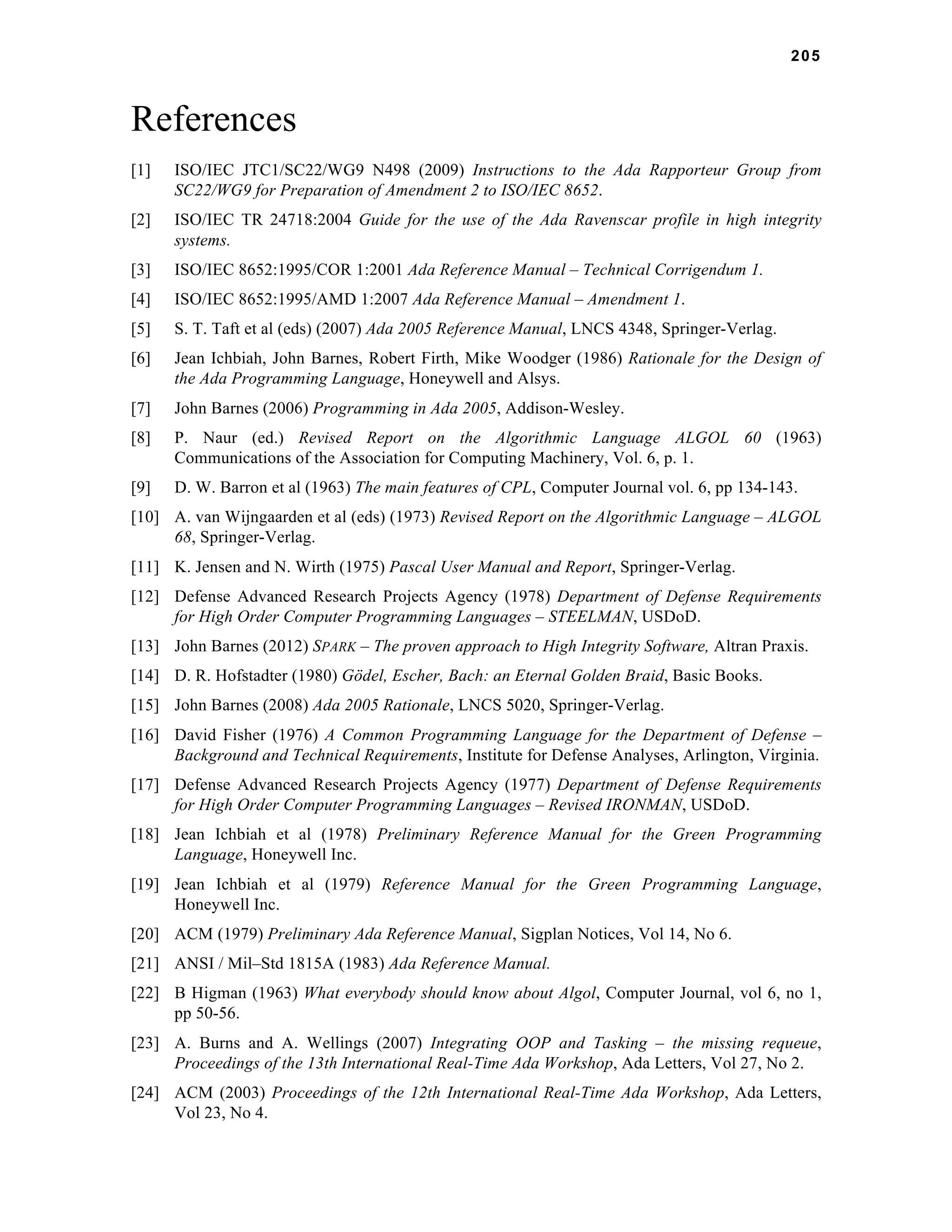 205 
References 
[1] ISO/IEC JTC1/SC22/WG9 N498 (2009) Instructions to the Ada Rapporteur Group from 
SC22/WG9 for Preparation of Amendment 2 to ISO/IEC 8652. 
[2] ISO/IEC TR 24718:2004 Guide for the use of the Ada Ravenscar profile in high integrity 
systems. 
[3] ISO/IEC 8652:1995/COR 1:2001 Ada Reference Manual – Technical Corrigendum 1. 
[4] ISO/IEC 8652:1995/AMD 1:2007 Ada Reference Manual – Amendment 1. 
[5] S. T. Taft et al (eds) (2007) Ada 2005 Reference Manual, LNCS 4348, Springer-Verlag. 
[6] Jean Ichbiah, John Barnes, Robert Firth, Mike Woodger (1986) Rationale for the Design of 
the Ada Programming Language, Honeywell and Alsys. 
[7] John Barnes (2006) Programming in Ada 2005, Addison-Wesley. 
[8] P. Naur (ed.) Revised Report on the Algorithmic Language ALGOL 60 (1963) 
Communications of the Association for Computing Machinery, Vol. 6, p. 1. 
[9] D. W. Barron et al (1963) The main features of CPL, Computer Journal vol. 6, pp 134-143. 
[10] A. van Wijngaarden et al (eds) (1973) Revised Report on the Algorithmic Language – ALGOL 
68, Springer-Verlag. 
[11] K. Jensen and N. Wirth (1975) Pascal User Manual and Report, Springer-Verlag. 
[12] Defense Advanced Research Projects Agency (1978) Department of Defense Requirements 
for High Order Computer Programming Languages – STEELMAN, USDoD. 
[13] John Barnes (2012) SPARK – The proven approach to High Integrity Software, Altran Praxis. 
[14] D. R. Hofstadter (1980) Gödel, Escher, Bach: an Eternal Golden Braid, Basic Books. 
[15] John Barnes (2008) Ada 2005 Rationale, LNCS 5020, Springer-Verlag. 
[16] David Fisher (1976) A Common Programming Language for the Department of Defense – 
Background and Technical Requirements, Institute for Defense Analyses, Arlington, Virginia. 
[17] Defense Advanced Research Projects Agency (1977) Department of Defense Requirements 
for High Order Computer Programming Languages – Revised IRONMAN, USDoD. 
[18] Jean Ichbiah et al (1978) Preliminary Reference Manual for the Green Programming 
Language, Honeywell Inc. 
[19] Jean Ichbiah et al (1979) Reference Manual for the Green Programming Language, 
Honeywell Inc. 
[20] ACM (1979) Preliminary Ada Reference Manual, Sigplan Notices, Vol 14, No 6. 
[21] ANSI / Mil–Std 1815A (1983) Ada Reference Manual. 
[22] B Higman (1963) What everybody should know about Algol, Computer Journal, vol 6, no 1, 
pp 50-56. 
[23] A. Burns and A. Wellings (2007) Integrating OOP and Tasking – the missing requeue, 
Proceedings of the 13th International Real-Time Ada Workshop, Ada Letters, Vol 27, No 2. 
[24] ACM (2003) Proceedings of the 12th International Real-Time Ada Workshop, Ada Letters, 
Vol 23, No 4. 
 