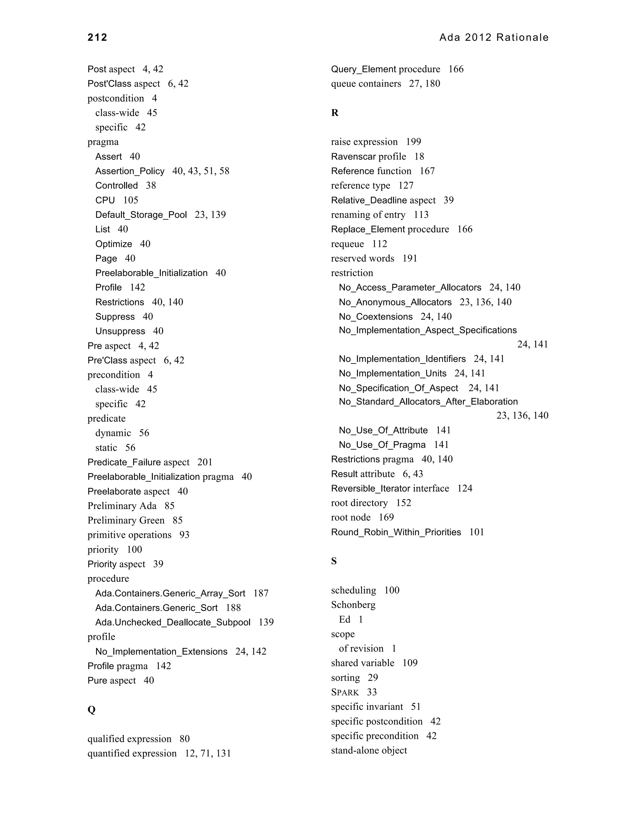 212 Ada 2012 Rationale 
Post aspect 4, 42 
Post'Class aspect 6, 42 
postcondition 4 
class-wide 45 
specific 42 
pragma 
Assert 40 
Assertion_Policy 40, 43, 51, 58 
Controlled 38 
CPU 105 
Default_Storage_Pool 23, 139 
List 40 
Optimize 40 
Page 40 
Preelaborable_Initialization 40 
Profile 142 
Restrictions 40, 140 
Suppress 40 
Unsuppress 40 
Pre aspect 4, 42 
Pre'Class aspect 6, 42 
precondition 4 
class-wide 45 
specific 42 
predicate 
dynamic 56 
static 56 
Predicate_Failure aspect 201 
Preelaborable_Initialization pragma 40 
Preelaborate aspect 40 
Preliminary Ada 85 
Preliminary Green 85 
primitive operations 93 
priority 100 
Priority aspect 39 
procedure 
Ada.Containers.Generic_Array_Sort 187 
Ada.Containers.Generic_Sort 188 
Ada.Unchecked_Deallocate_Subpool 139 
profile 
No_Implementation_Extensions 24, 142 
Profile pragma 142 
Pure aspect 40 
Q 
qualified expression 80 
quantified expression 12, 71, 131 
Query_Element procedure 166 
queue containers 27, 180 
R 
raise expression 199 
Ravenscar profile 18 
Reference function 167 
reference type 127 
Relative_Deadline aspect 39 
renaming of entry 113 
Replace_Element procedure 166 
requeue 112 
reserved words 191 
restriction 
No_Access_Parameter_Allocators 24, 140 
No_Anonymous_Allocators 23, 136, 140 
No_Coextensions 24, 140 
No_Implementation_Aspect_Specifications 
24, 141 
No_Implementation_Identifiers 24, 141 
No_Implementation_Units 24, 141 
No_Specification_Of_Aspect 24, 141 
No_Standard_Allocators_After_Elaboration 
23, 136, 140 
No_Use_Of_Attribute 141 
No_Use_Of_Pragma 141 
Restrictions pragma 40, 140 
Result attribute 6, 43 
Reversible_Iterator interface 124 
root directory 152 
root node 169 
Round_Robin_Within_Priorities 101 
S 
scheduling 100 
Schonberg 
Ed 1 
scope 
of revision 1 
shared variable 109 
sorting 29 
SPARK 33 
specific invariant 51 
specific postcondition 42 
specific precondition 42 
stand-alone object 
 