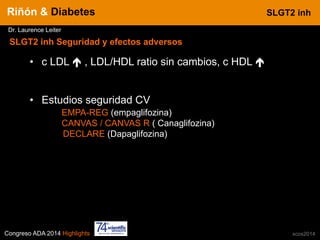 Congreso ADA 2014 Highlights xcos2014
IN CRE TINESRiñón & Diabetes
Dr. Laurence Leiter
•  c LDL é , LDL/HDL ratio sin cambios, c HDL é
•  Estudios seguridad CV
EMPA-REG (empaglifozina)
CANVAS / CANVAS R ( Canaglifozina)
DECLARE (Dapaglifozina)
SLGT2 inh
SLGT2 inh Seguridad y efectos adversos
 