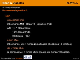 Congreso ADA 2014 Highlights xcos2014
IN CRE TINESRiñón & Diabetes
Dr. Zachary Bloomgarden
SLGT2 inh
Unanswered question?
ECA
Rosenstock et al.
24 semanas Met + Dapa 10 +Saxa 5 vs PCB
A1c -1,47 (dapa+saxa)
-1,2% (dapa+PCB)
-0,88 (saxa +PCB)
Lewin et al.
24 semanas. Met + (Empa 25mg linaglip 5) o (Empa 10-linaglip5)
De Fronzo et al.
52 semanas Met + (Empa 25mg linaglip 5) o (Empa 10-linaglip5)
 