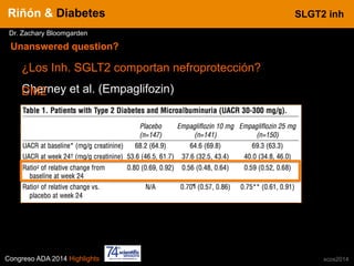 Congreso ADA 2014 Highlights xcos2014
IN CRE TINESRiñón & Diabetes
Dr. Zachary Bloomgarden
SLGT2 inh
Unanswered question?
¿Los Inh. SGLT2 comportan nefroprotección?
Cherney et al. (Empaglifozin)
DM1
reduce la presion intraglomerular (ê hiperfiltrado)
DM2
 