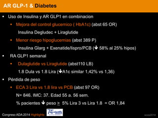 Congreso ADA 2014 Highlights xcos2014
IN CRE TINESAR GLP-1 & Diabetes
§  Uso de Insulina y AR GLP1 en combinacion
§  Mejora del control glucemico ( HbA1c) (abst 65 OR)
Insulina Degludec + Liraglutide
§  Menor riesgo hipoglucemias (abst 389 P)
Insulina Glarg + Exenatide/lispro/PCB (ê 58% al 25% hipos)
§  RA GLP1 semanal
§  Dulaglutide vs Liraglutide (abst110 LB)
1.8 Dula vs 1.8 Lira (êA1c similar 1,42% vs 1,36)
§  Pérdida de peso
§  ECA 3 Lira vs 1.8 lira vs PCB (abst 97 OR)
N= 846. IMC: 37. Edad 55 a. 56 sem.
% pacientes ê peso > 5% Lira 3 vs Lira 1.8 = OR 1,84
 