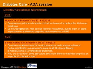 Congreso ADA 2014 Highlights xcos2014
Diabetes Care · ADA session
Diabetes y alteraciones Neuroimagen
DM2
Moran C et al. Diabetes Care 2013:36;4036
•  Se observan patrones de atrofia cortical similares a los de la enfer. Alzheimer
preclínica
•  La neurodegeración, más que las lesiones vasculares, puede jugar un papel
importante en el deterioro cognitivo relacionado con la DM2
Barnea Goraly et al. Diabetes Care 2014:37;332
•  Se observan alteraciones de la microestructura de la sustancia blanca
•  Se ha establecido una asociación entre la alt. Sustancia Blanca,
la hiperglucemia y la variabilidad glucémica.
•  Hay una asociación entre estructura Sustancia Blanca y habilidad cognitiva en
la población diabética tipo 1
DM1
 
