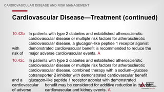 | 103
Cardiovascular Disease—Treatment (continued)
CARDIOVASCULAR DISEASE AND RISK MANAGEMENT
10.42b In patients with type 2 diabetes and established atherosclerotic
cardiovascular disease or multiple risk factors for atherosclerotic
cardiovascular disease, a glucagon-like peptide 1 receptor agonist
with demonstrated cardiovascular benefit is recommended to reduce the
risk of major adverse cardiovascular events. A
10.42c In patients with type 2 diabetes and established atherosclerotic
cardiovascular disease or multiple risk factors for atherosclerotic
cardiovascular disease, combined therapy with a sodium–glucose
cotransporter 2 inhibitor with demonstrated cardiovascular benefit
and a glucagon-like peptide 1 receptor agonist with demonstrated
cardiovascular benefit may be considered for additive reduction in the risk
of adverse cardiovascular and kidney events. A
 