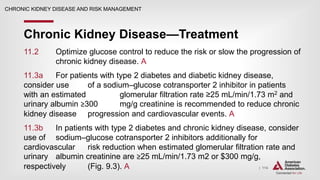 | 114
Chronic Kidney Disease—Treatment
CHRONIC KIDNEY DISEASE AND RISK MANAGEMENT
11.2 Optimize glucose control to reduce the risk or slow the progression of
chronic kidney disease. A
11.3a For patients with type 2 diabetes and diabetic kidney disease,
consider use of a sodium–glucose cotransporter 2 inhibitor in patients
with an estimated glomerular filtration rate ≥25 mL/min/1.73 m2 and
urinary albumin ≥300 mg/g creatinine is recommended to reduce chronic
kidney disease progression and cardiovascular events. A
11.3b In patients with type 2 diabetes and chronic kidney disease, consider
use of sodium–glucose cotransporter 2 inhibitors additionally for
cardiovascular risk reduction when estimated glomerular filtration rate and
urinary albumin creatinine are ≥25 mL/min/1.73 m2 or $300 mg/g,
respectively (Fig. 9.3). A
 