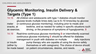 | 161
Glycemic Monitoring, Insulin Delivery &
Targets (Type 1)
CHILDREN AND ADOLESCENTS
14.18 All children and adolescents with type 1 diabetes should monitor
glucose levels multiple times daily (up to 6–10 times/day by glucose
meter or continuous glucose monitoring), including prior to meals and
snacks, at bedtime, and as needed for safety in specific situations such
as exercise, driving, or the presence of symptoms of hypoglycemia. B
14.19 Real-time continuous glucose monitoring B or intermittently scanned
continuous glucose monitoring E should be offered for diabetes
management in youth with diabetes on multiple daily injections
or insulin pump therapy who are capable of using the device safely
(either by themselves or with caregivers). The choice of device should
be made based on patient circumstances, desires, and needs.
 