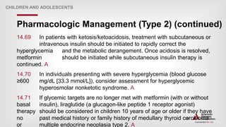 | 188
Pharmacologic Management (Type 2) (continued)
CHILDREN AND ADOLESCENTS
14.69 In patients with ketosis/ketoacidosis, treatment with subcutaneous or
intravenous insulin should be initiated to rapidly correct the
hyperglycemia and the metabolic derangement. Once acidosis is resolved,
metformin should be initiated while subcutaneous insulin therapy is
continued. A
14.70 In individuals presenting with severe hyperglycemia (blood glucose
≥600 mg/dL [33.3 mmol/L]), consider assessment for hyperglycemic
hyperosmolar nonketotic syndrome. A
14.71 If glycemic targets are no longer met with metformin (with or without
basal insulin), liraglutide (a glucagon-like peptide 1 receptor agonist)
therapy should be considered in children 10 years of age or older if they have
no past medical history or family history of medullary thyroid carcinoma
or multiple endocrine neoplasia type 2. A
 