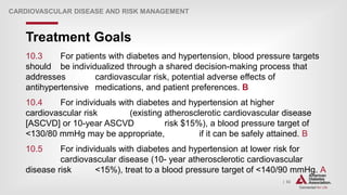 | 82
Treatment Goals
CARDIOVASCULAR DISEASE AND RISK MANAGEMENT
10.3 For patients with diabetes and hypertension, blood pressure targets
should be individualized through a shared decision-making process that
addresses cardiovascular risk, potential adverse effects of
antihypertensive medications, and patient preferences. B
10.4 For individuals with diabetes and hypertension at higher
cardiovascular risk (existing atherosclerotic cardiovascular disease
[ASCVD] or 10-year ASCVD risk $15%), a blood pressure target of
<130/80 mmHg may be appropriate, if it can be safely attained. B
10.5 For individuals with diabetes and hypertension at lower risk for
cardiovascular disease (10- year atherosclerotic cardiovascular
disease risk <15%), treat to a blood pressure target of <140/90 mmHg. A
 