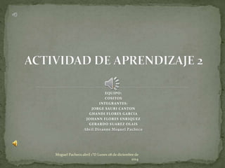 EQUIPO:
COSITOS
INTEGRANTES:
JORGE SAURI CANTON
GHANDI FLORES GARCIA
JOHANN FLORES ENRIQUEZ
GERARDO SUAREZ OLAIS
Abril Divanne Moguel Pacheco
Moguel Pacheco abril 1°D Lunes 08 de diciembre de
2014
 