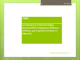 29/11/2016
Isaac Mondragon Dominguez 1° E
8
1995
la fundación de la Red Tecnológica
Nacional (RTN), integrada por MEXnet y
CONACyt, que se generó un enlace a 2
Mbps (E1)
 