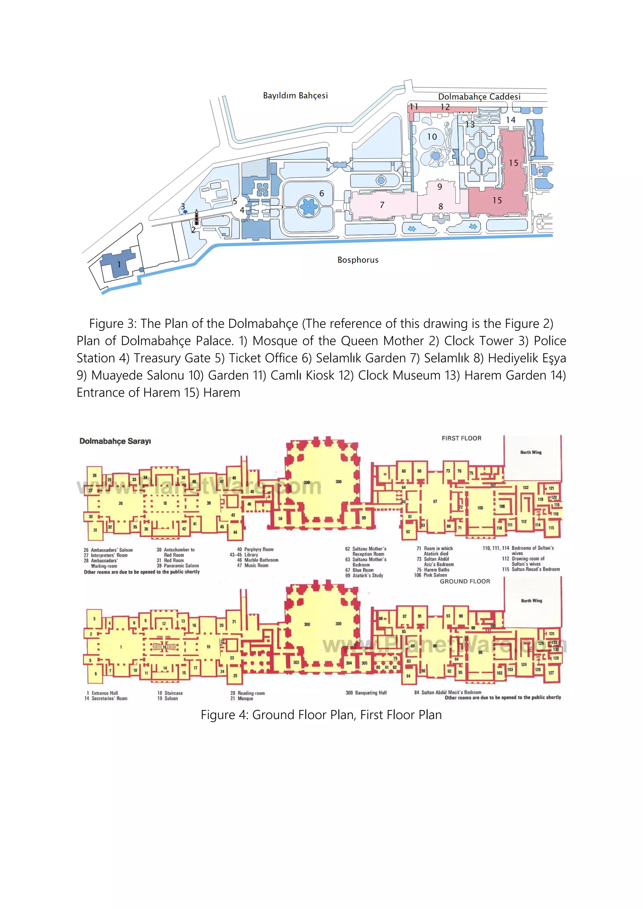 Figure 3: The Plan of the Dolmabahçe (The reference of this drawing is the Figure 2)
Plan of Dolmabahçe Palace. 1) Mosque of the Queen Mother 2) Clock Tower 3) Police
Station 4) Treasury Gate 5) Ticket Office 6) Selamlık Garden 7) Selamlık 8) Hediyelik Eşya
9) Muayede Salonu 10) Garden 11) Camlı Kiosk 12) Clock Museum 13) Harem Garden 14)
Entrance of Harem 15) Harem
Figure 4: Ground Floor Plan, First Floor Plan
 