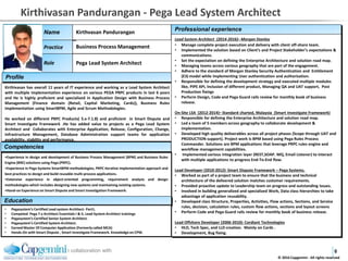 In collaboration with 0
Pega Lead System Architect
Profile
Kirthivasan has overall 11 years of IT experience and working as a Lead System Architect
with multiple implementation experience on various PEGA PRPC products in last 6 years
and He is highly proficient and specialized in Application Design with Business Process
Management (Finance domain (Retail, Capital Marketing, Cards)), Business Rules
Implementation using SmartBPM, Agile and Scrum Methodologies.
He worked on different PRPC Products( 5.x-7.1.8) and proficient in Smart Dispute and
Smart Investigate Framework .He has added value to projects as a Pega Lead System
Architect and Collaborates with Enterprise Application, Release, Configuration, Change,
Infrastructure Management, Database Administration support teams for application
availability, stability and performance.
© 2016 Capgemini - All rights reserved
Kirthivasan Pandurangan - Pega Lead System Architect
• Insert picture.
• Make picture fit
this frame.
• In picture menu,
compress picture
so the file is not
to big.
Competencies
Business Process Management
Professional experience
Lead System Architect (2014-2016)– Morgan Stanley
• Manage complete project execution and delivery with client off-shore team.
• Implemented the solution based on Client’s and Project Stakeholder’s expectations &
communications.
• Set the expectation on defining the Enterprise Architecture and solution road map.
• Managing teams across various geography that are part of the engagement.
• Adhere to the standard of Morgan Stanley Security Authentication and Entitlement
(E3) model while implementing User authentication and authorization.
• Responsible for defining the development strategy and executed multiple modules
like, PIPE API, Inclusion of different product, Managing QA and UAT support, Post
Production fixings
• Perform Design, Code and Pega Guard rails review for monthly book of business
release.
On-Site LSA (2012-2014)– Standard charted, Malaysia (Smart Investigate Framework)
• Responsible for defining the Enterprise Architecture and solution road map.
• Led a team of 5 members across geography to collaborate development &
implementation.
• Developed high quality deliverables across all project phases (Scope through UAT and
PRODUCTION support). Project work is BPM based using Pega Rules Process
Commander. Solutions are BPM applications that leverage PRPC rules engine and
workflow management capabilities.
• Implemented various integration layer (REST,SOAP. MQ, Email Listener) to interact
with multiple applications to progress End-To-End flow.
Lead Developer (2010-2012)- Smart Dispute Framework – Pega Systems.
• Worked as part of a project team to ensure that the business and technical
architecture of the delivered solution matches customer requirements.
• Provided proactive update to Leadership team on progress and outstanding issues.
• Involved in building generalized and specialized Work, Data class hierarchies to take
advantage of application reusability.
• Developed class Structure, Properties, Activities, Flow actions, Sections, and Service
rules, decision, calculation rules, custom flow actions, sections and layout screens
• Perform Code and Pega Guard rails review for monthly book of business release.
Lead Offshore Developer (2006-2010)- Cordiant Technologies
• HLD, Tech Spec, and LLD creation. Mainly on Cards .
• Development, Bug fixing.
Name
Practice
Role
Kirthvasan Pandurangan
Phot
o
•Experience in design and development of Business Process Management (BPM) and Business Rules
Engine (BRE) solutions using Pega (PRPC).
•Experience in Pega Systems SmartBPM methodologies, PRPC iterative implementation approach and
best practices to design and build reusable multi-process applications.
•Extensive experience in object-oriented programming, requirement analysis and design
methodologies which includes designing new systems and maintaining existing systems.
•Hand-on Experience on Smart Dispute and Smart Investigation Framework.
Education
• Pegasystem’s Certified Lead system Architect- Part1.
• Competed Pega 7.x Architect Essentials I & II, Lead System Architect trainings
• Pegasystem’s Certified Senior System Architect.
• Pegasystem’s Certified System Architect.
• Earned Master Of Computer Application (Formerly called MCA)
• Hands-On with Smart Dispute , Smart Investigate Framework. Knowledge on CPM.
 