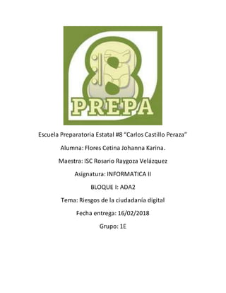 Escuela Preparatoria Estatal #8 “Carlos Castillo Peraza”
Alumna: Flores Cetina Johanna Karina.
Maestra: ISC Rosario Raygoza Velázquez
Asignatura: INFORMATICA II
BLOQUE I: ADA2
Tema: Riesgos de la ciudadanía digital
Fecha entrega: 16/02/2018
Grupo: 1E
 