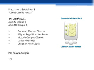 Preparatoria Estatal No. 8
“Carlos Castillo Peraza”
-INFORMÁTICA 1-
ADA #2 Bloque 3
ADA #10 Bloque 1
• Donovan Sánchez Cherrez
• Miguel Ángel González Pérez
• Victoria Campos Cáceres
• Carlos Abel Trejo
• Christian Allen López
ISC. Rosario Raygoza
1°K
 