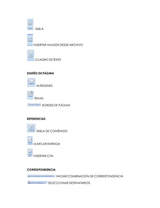 TABLA 
INSERTAR IMAGEN DESDE ARCHIVO 
CUADRO DE TEXTO 
DISEÑO DE PÁGINA 
MÁRGENES 
TEMAS 
BORDES DE PÁGINA 
REFERENCIAS 
TABLA DE CONTENIDO 
MARCAR ENTRADA 
INSERTAR CITA 
CORRESPONDENCIA 
INICIAR COMBINACIÓN DE CORRESPONDENCIA 
SELECCIONAR DESTINATARIOS 
 