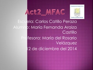 Escuela: Carlos Catillo Peraza 
Alumno: María Fernanda Araiza 
Castillo 
Profesora: María del Rosario 
Velázquez 
12 de diciembre del 2014 
 