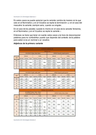Ilustración 19. Etimologías Adjetivos 1
En estos casos se puede apreciar que la variante cambia de manera en la que
solo en el Nominativo y en el Vocativo se repite la terminacióny en el caso del
masculino la variante siempre varia, cuando es singular.
En el caso de los plurales sucede lo mismo en el caso de la variante femenina,
en el Nominativo y en el Vocativo se repite la variante 
Entonces se tiene que tener en cuenta estos casos a la hora de descomponer
palabras para no confundirlos puesto que depende del contexto de la palabra
para saber si es un nominal o un vocativo.
Adjetivos de la primera variante
Ilustración 20. Etimologías Variante 1
 