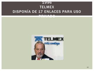 13
1996
TELMEX
DISPONÍA DE 17 ENLACES PARA USO
PRIVADO
 